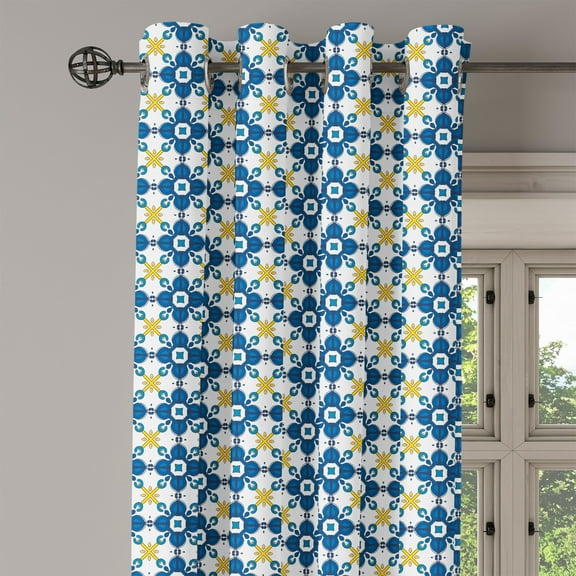 Ambesonne Ethnic Grommet Curtain Single Panel, Traditional Azulejo Tile, 50"x60", Blue Yellow White