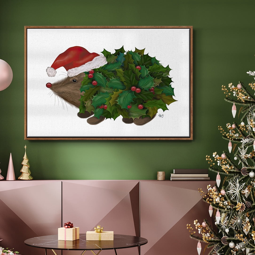 Christmas Holly Hedgehog - Framed Gallery Wrapped Holiday Canvas - 27 x 41 - Rosewood Frame