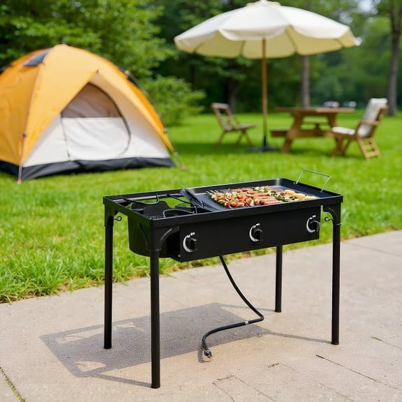 Resenkos Propane Gas Camp Stove with High Pressure Burners, Outdoor Cooking Equipment for Adventurers , Cast Iron Construction, 225K BTU Heat, Black