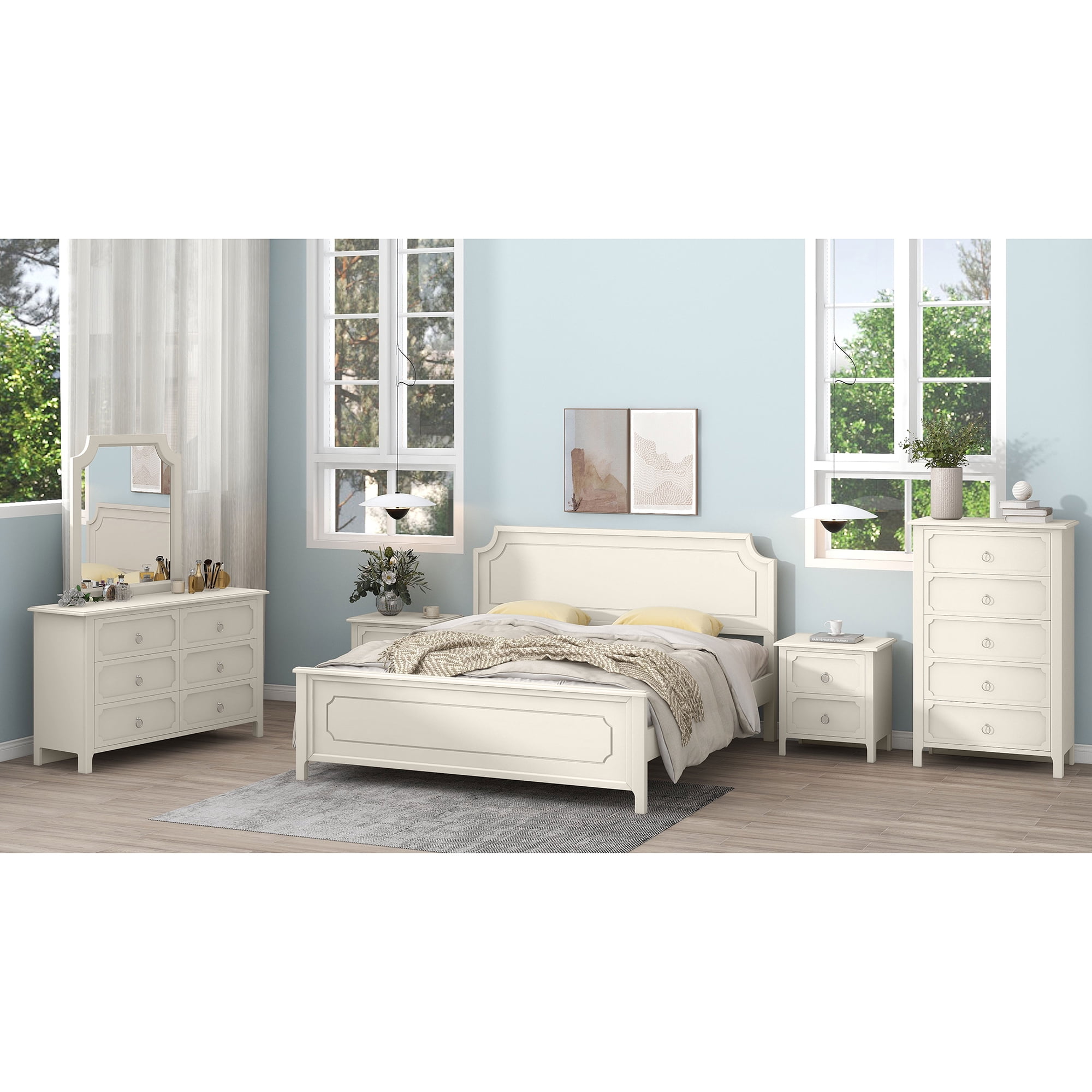 Resenkos 6 Pieces Solid Wood Bedroom Furniture Set King Size Platform Bed, Set of 2 Nightstand Chest, Mirror and Dresser Milky White