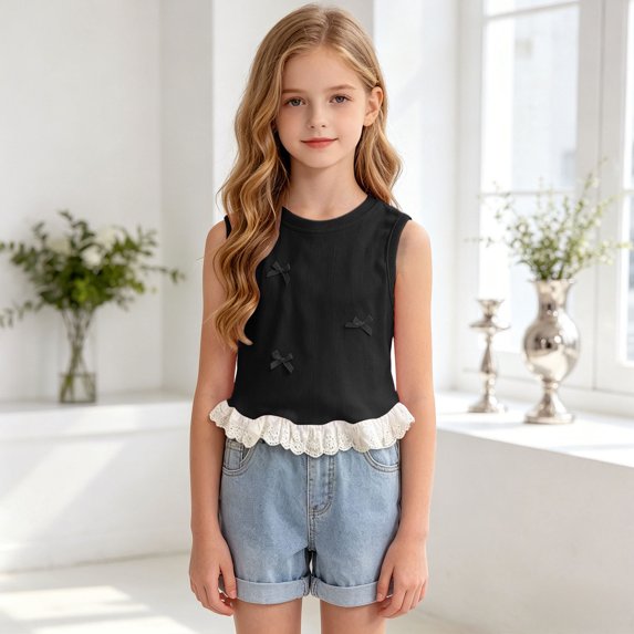 Mnyotv Toddler Girls Summer Clothes Sleeveless Ruffle Hem Tank Tops with Bow Casual Crewneck T Shirts Size 18-24 Months