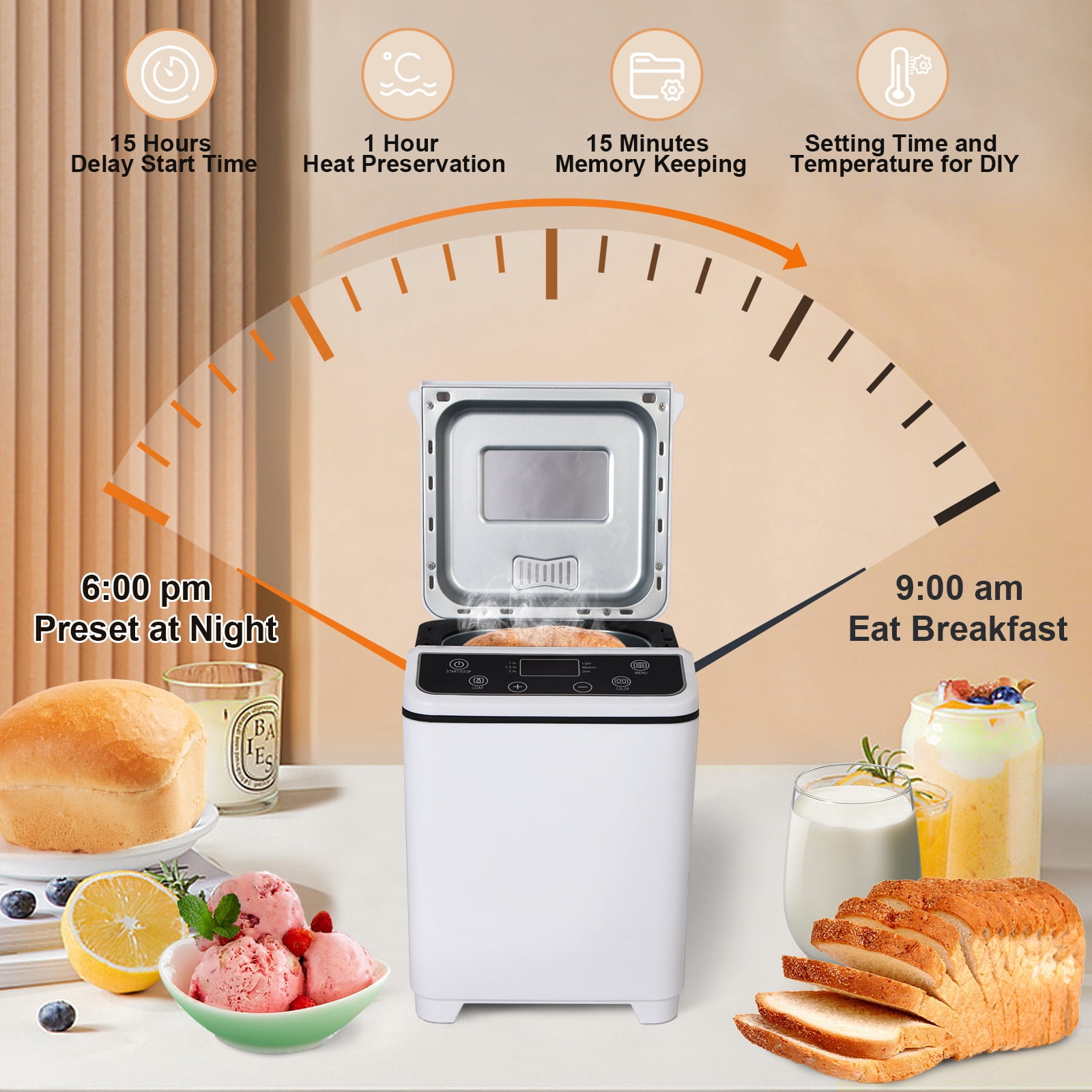 KBS  Bread Maker Machine with Ice cream program,20-in-1 2LB Fully automatic bread machine，DIY setting,15 Hour delay timer,White Model#070 Ice cream version