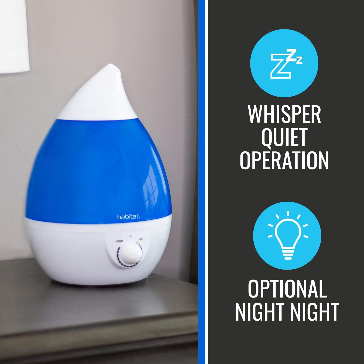 Habitat Cool Mist Ultrasonic Humidifier with Large 2.5L Tank, Whisper Quiet Humidifier with LED Light for Bedroom, 24 Hours of Continuous Mist, Blue