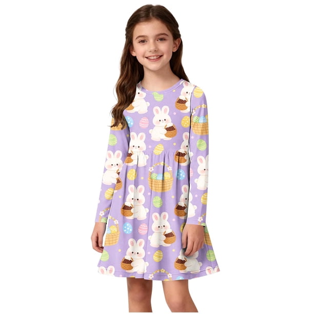 Vestido de manga larga con cuello redondo para niñas, vestido elástico de manga larga, corte A, estilo patinador con volantes, vestido de recital escolar, vestido de manga larga con cuello redondo par