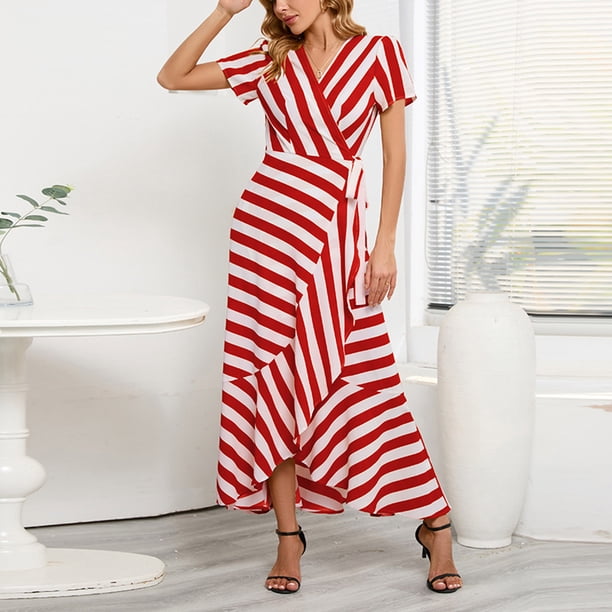 Summer Dresses for Women Casual V Neck Short Sleeve Maxi Wrap Dress Striped  Smocked Flowy Long Beach Dress Sundress - Walmart.ca
