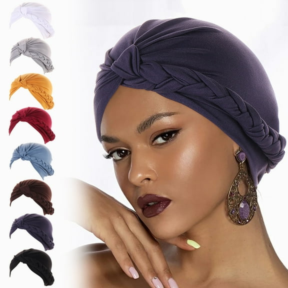 Bohemian Ethnic Turban Headwrap with Side Braid Solid Color Hijab Style Cap
