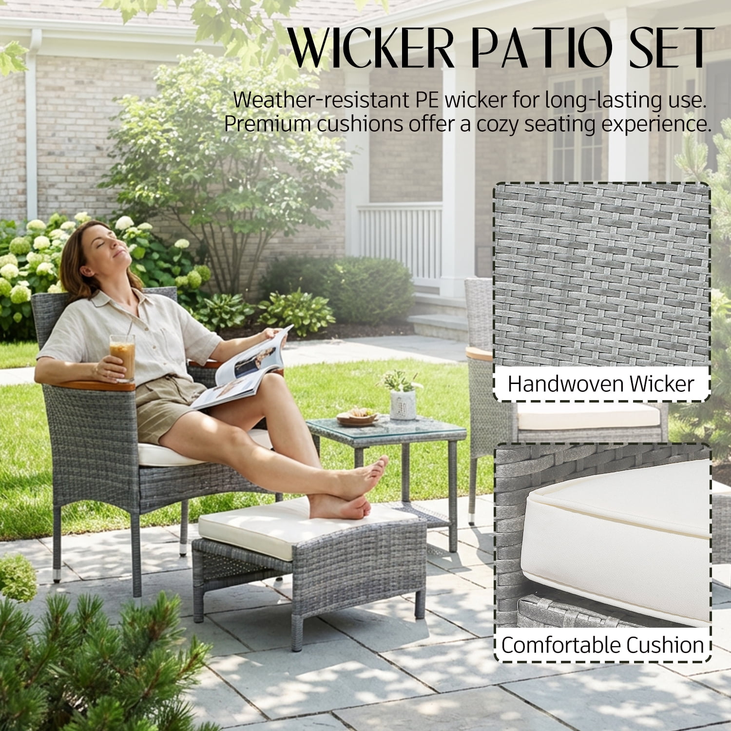 5 Pieces Outdoor Patio Furniture Set with Table&Ottoman Outdoor Furniture Patio Set Bistro Wicker Patio Set (Brown Wicker&Khaki Cushion)