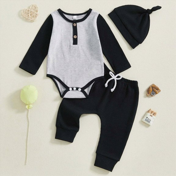 0-3 Months Newborn Spring And Fall Casual Outfit Set For Infants And Toddlers Long Sleeve Romper Pants And Hat Black