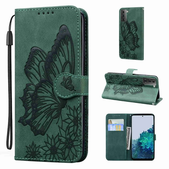 Dteck Galaxy S21 Wallet Case, [Butterfly & Flower Embossed] PU Leather Wallet Case Flip Protective Phone Cover with Card Slots and Kickstand for Samsung Galaxy S21, Green