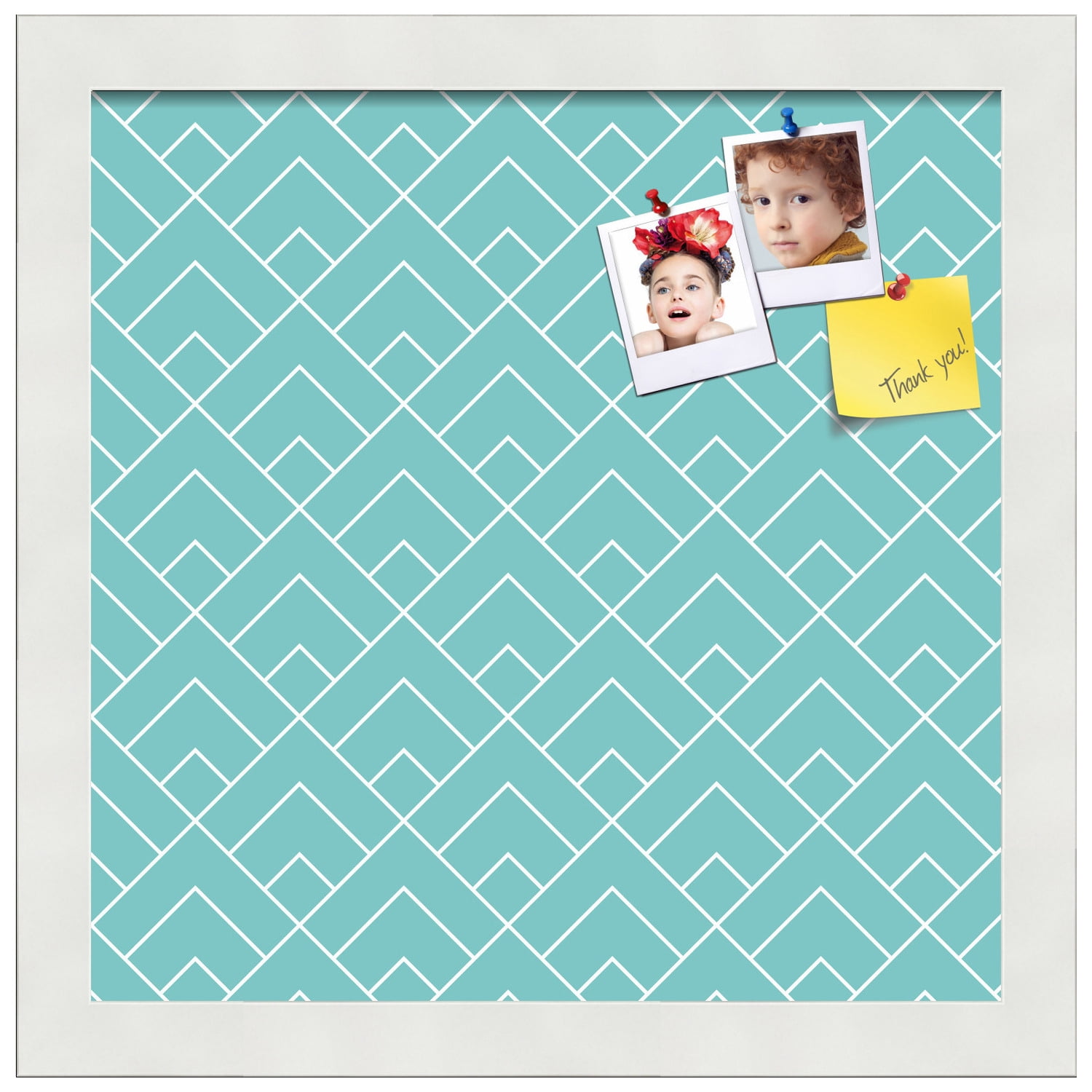 PinPix 12x12 Custom Cork Bulletin Board Peaks Modern Pattern Aqua Poster Board Has a Fabric Style Canvas Finish, Framed in Peaks Modern Pattern Aqua, by ArtToFrames (PinPix-1790)