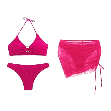 JIANJIA Swim Suits for Women Summer Solid Color Lace Up Halter Hollow Sexy Brassiere With Thongs Mesh Cover Up Swimming Skirt Three Piece Bikinis Swimwears Holiday Wear Hot Pink L
