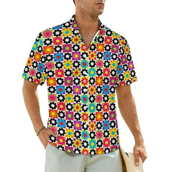 Retro 60s Hawaiian Shirt For Men Beach Bright Flowers Print Casual Shirts Short Sleeve Fu