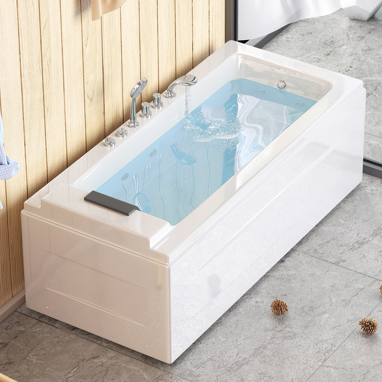 Mjkone Freestanding Whirlpool Bathtub,Spacious Triangle Shaped Back to Wall  Tub,Therapy Massage Soaking Tub with Double Pillows,Elegant White Acrylic  Jet Spa with Powerful Hydro Jets 