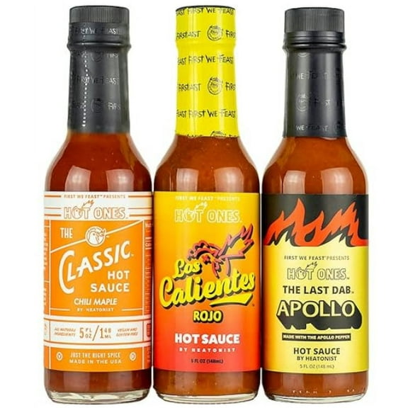 Hot Ones Season 21 The Classic Trio, Hot Sauce Pack With The Buffalo Hot Sauce, Los Calientes Rojo & The Last Dab: Apollo, Made With All Natural Ingredents, 5 fl oz Bottles (3-Pack)