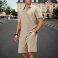 thumbnail image 2 of KKBOTIVE Mens 2pc Outfit Set Button Down Crewneck T Shirt Top and Shorts Pants Set 2 Piece Summer Suits Adults, Khaki Size: M, 2 of 9