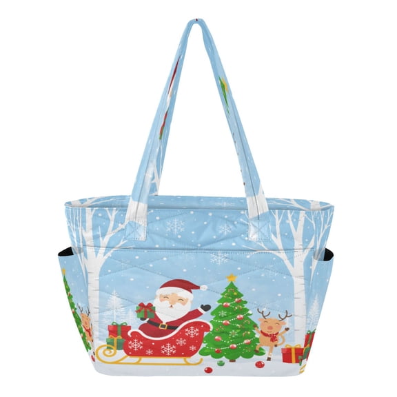 Quilted Tote Bag Large Capacity Multi-Compartment Handbag Santa Sleigh Christmas Tree Lightweight Structured Shoulder Bag Versatile Casual Bag