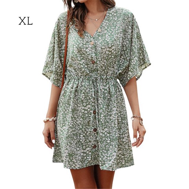 Femmes Robe V Cou Été Vêtements Floral Imprimé Robe de Taille Courte; Robe à Manches, Vert, XL