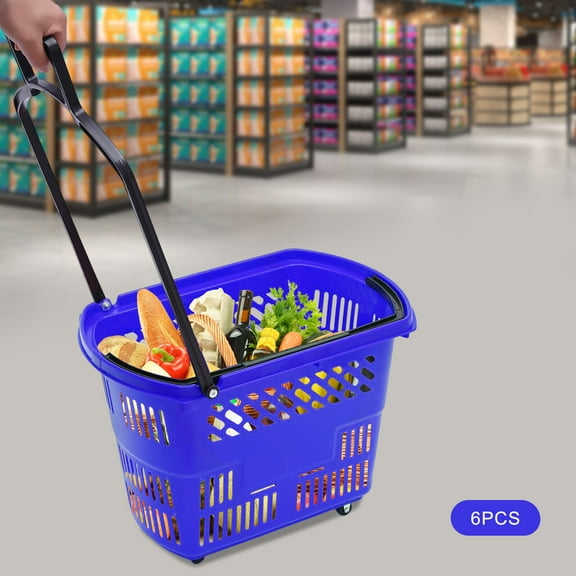 SHZICMY 6Pcs Portable Shopping Carts Plastic Shopping Baskets Rolling Shopping Basket with Wheels 35L 4 Wheels Handle