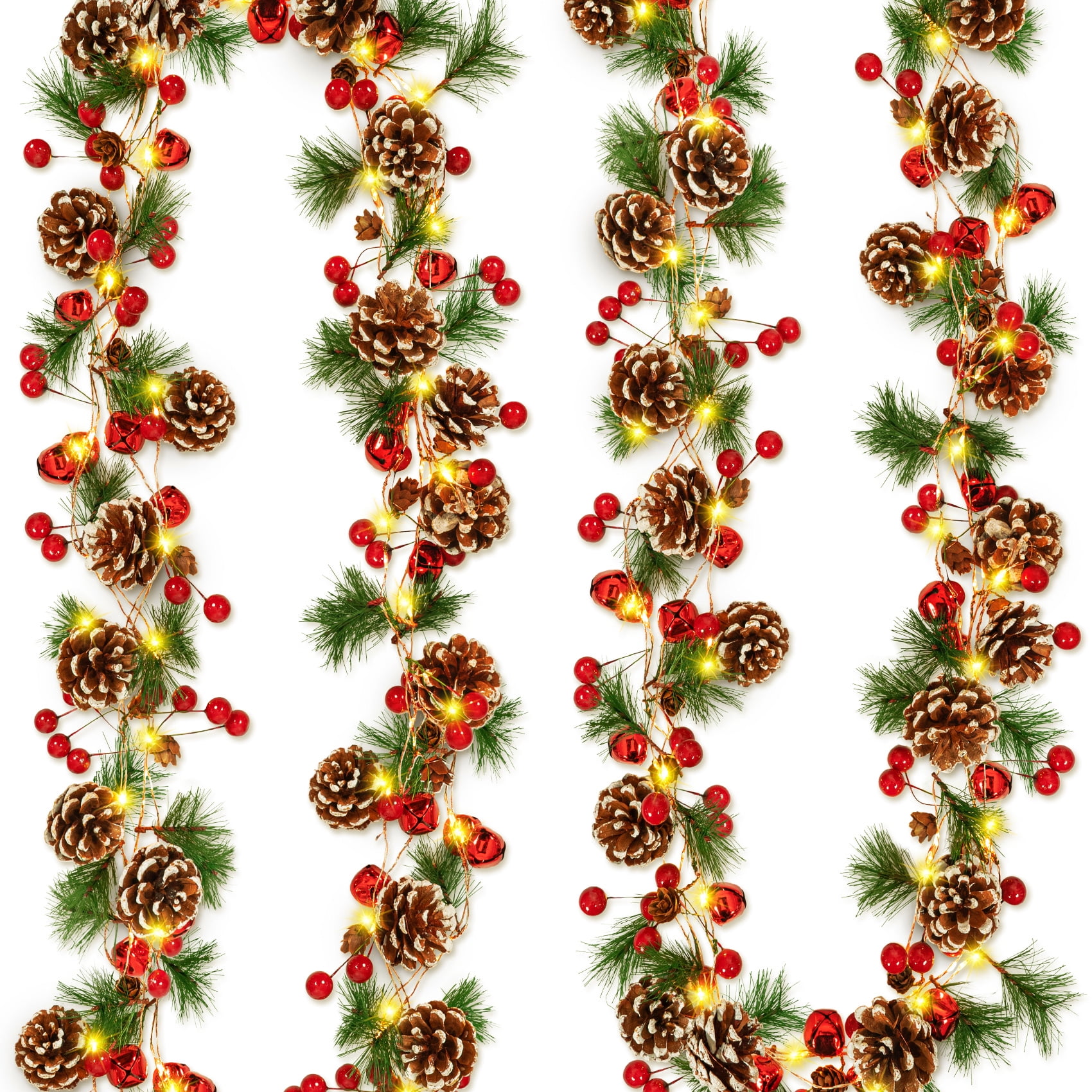Scidweet Christmas Garland Decorations, 2 Pack 13 ft Christmas Garland with Lights & Red Berries Pine Cones Bells Ornaments for Indoor Outdoor Xmas Decor