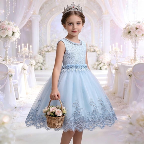 ATOGUTA Junior Bridesmaid Dresses Blue Sleeveless Tulle Formal Wedding Pageant Party Fancy Princess Ball Gown Dresses 2T-12