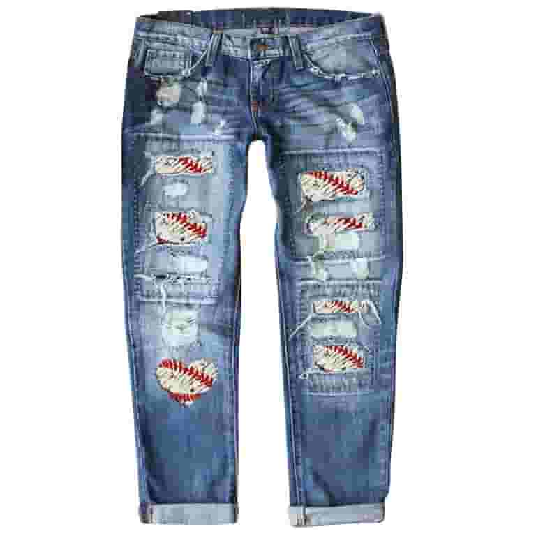 【MLB】 Women's Varsity Logo Wide Denim Pants womens baseball print distressed mid rise straight jeans