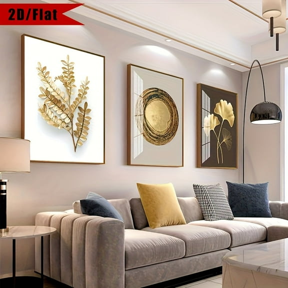 2D Flat, 2D/FLAT, 3pcs, Modern Luxury Circle Golden Leaf Wall Art Printed Canvas Decorative Picture Poster for Living Room Bedroom Office Decor/Gift, No Frame