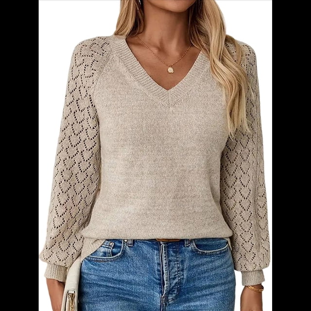 Camisas de Larga para Mujer, Blusas de Encaje con Cuello en V, Blusas Informales de Negocios, Conjuntos de Moda de Otoño, Ropa Albaricoque XL