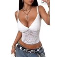 thumbnail image 2 of Women's V-Neck Floral Lace Spaghetti Strap Sheer Sleeveless Backless Cropped Tank Top White M, 2 of 8