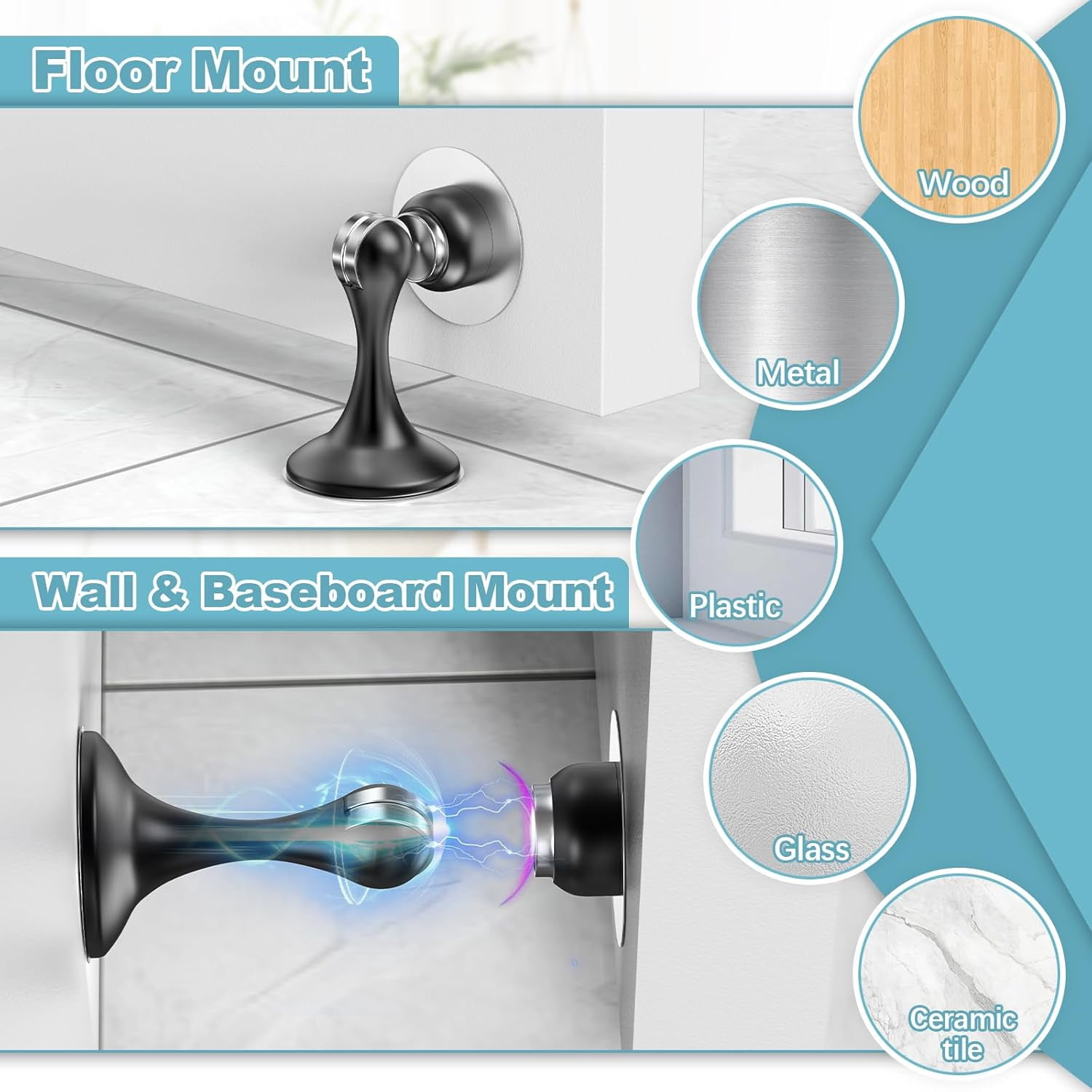JJEAN-Magnetic Door Stoppers 4 Pack, Stainless Steel Door Stops for Wall and Floor Mounting, Door Holder Keep Door Open, No Drilling Door Stop with 3D Adhesive Tapes, Black