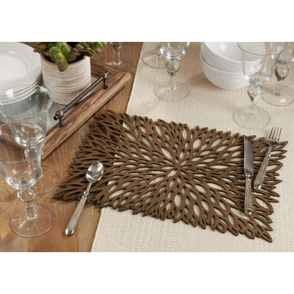 Fennco Styles Unique Engineered Wood Laser Cut Placemats, Set of 2 - Brown Modern Traycloth Table Mats for Home, Dining Room Décor, Banquets, Indoor Outdoor and Special Events