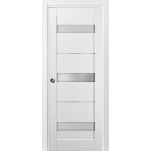 Panel Lite Pocket Door 28 x 80 with Frames | Quadro 4055 White Silk with Frosted Opaque Glass | Kit Trims Rail Hardware | Solid Wood Interior Pantry Kitchen Bedroom Sliding Closet Sturdy Doors