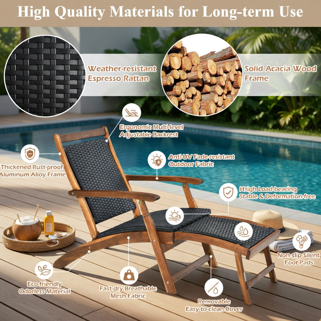 Hommoo Foldable Rattan Lounge Chair with Acacia Wood Frame, Retractable Footrest, Rustic Patio & Backyard Seating for Poolside, Garden, Deck, Brown