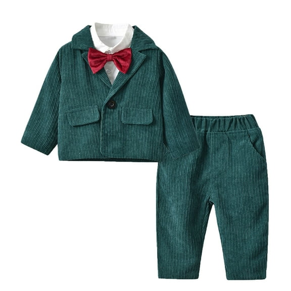 Zanarzt Toddler Boy Gentleman Suit Baby Boy Clothes Suits Toddler Dress Shirt with Bowtie Suspender Pants Outfit Sets Gentleman Wedding Green,12-24 Months