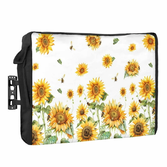 Outdoor TV Cover 52 to 55 Inches, Vintage Sunflower Bee Yellow Floral Country Farmhouse Waterproof and Weatherproof TV Cover with Remote Control Pocket, Flat Screen TV Cover Protector for Outside TV