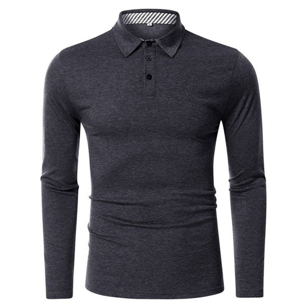 Camiseta de manga larga informal de color liso con solapa para hombre: 35 % poliéster/65 % algodón, tallas S-XXL, adecuada para el trabajo y las fiestas