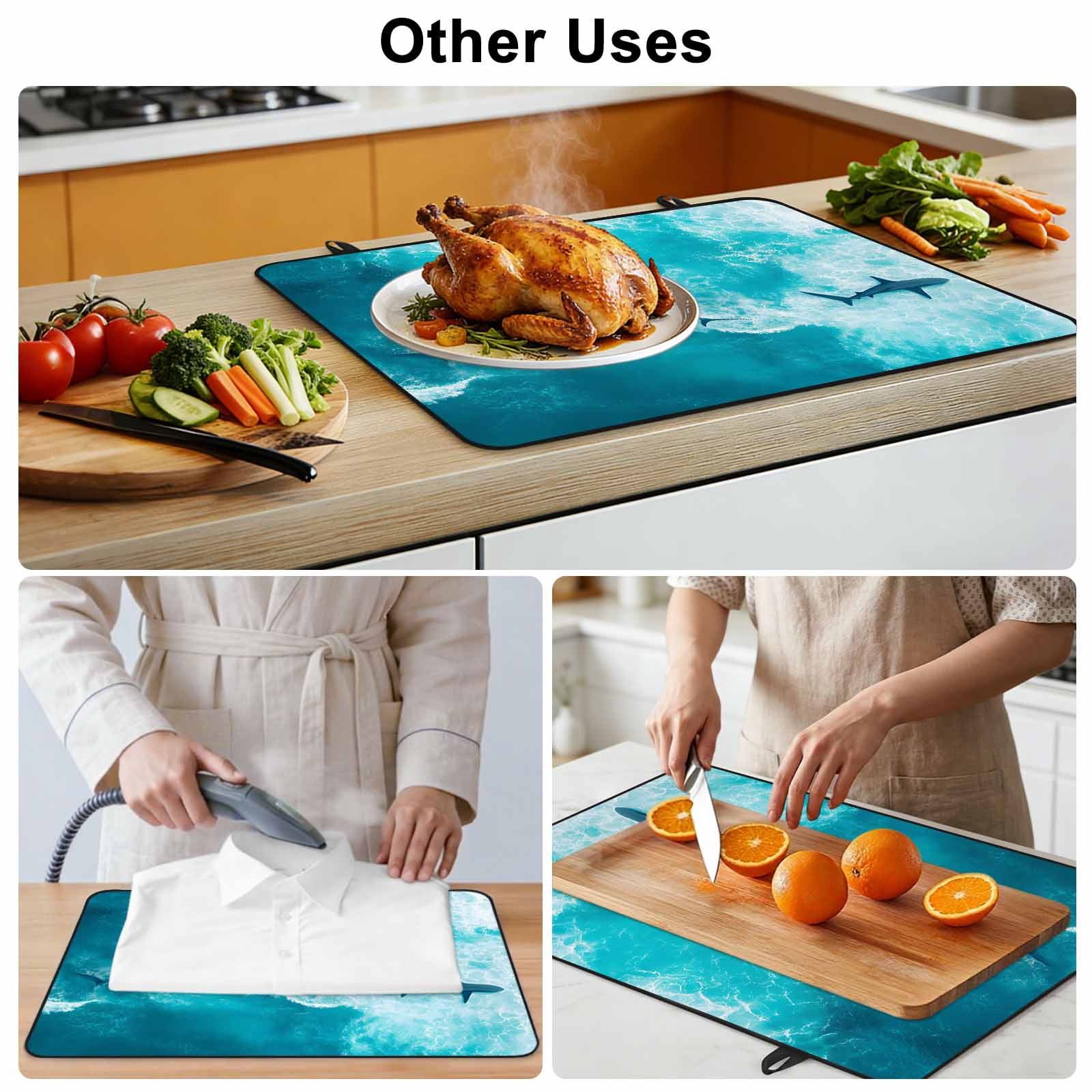 Teal Blue Ocean Shark Stove Top Cover for Electric Stove, Heat-proof & Non Slip Glass Top Stove Cover Protector, Coastal Wave Summer Beach Kitchen Flat Cooktop Rubber Mat 24x21 Inches