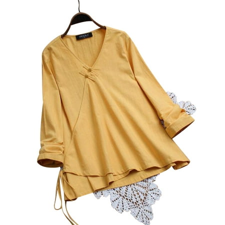 Jpg Vintage Long Sleeve - Vintage Womens Boho V Neck Wrap Tie Long Sleeve Cotton Linen Casual Blouse Shirt