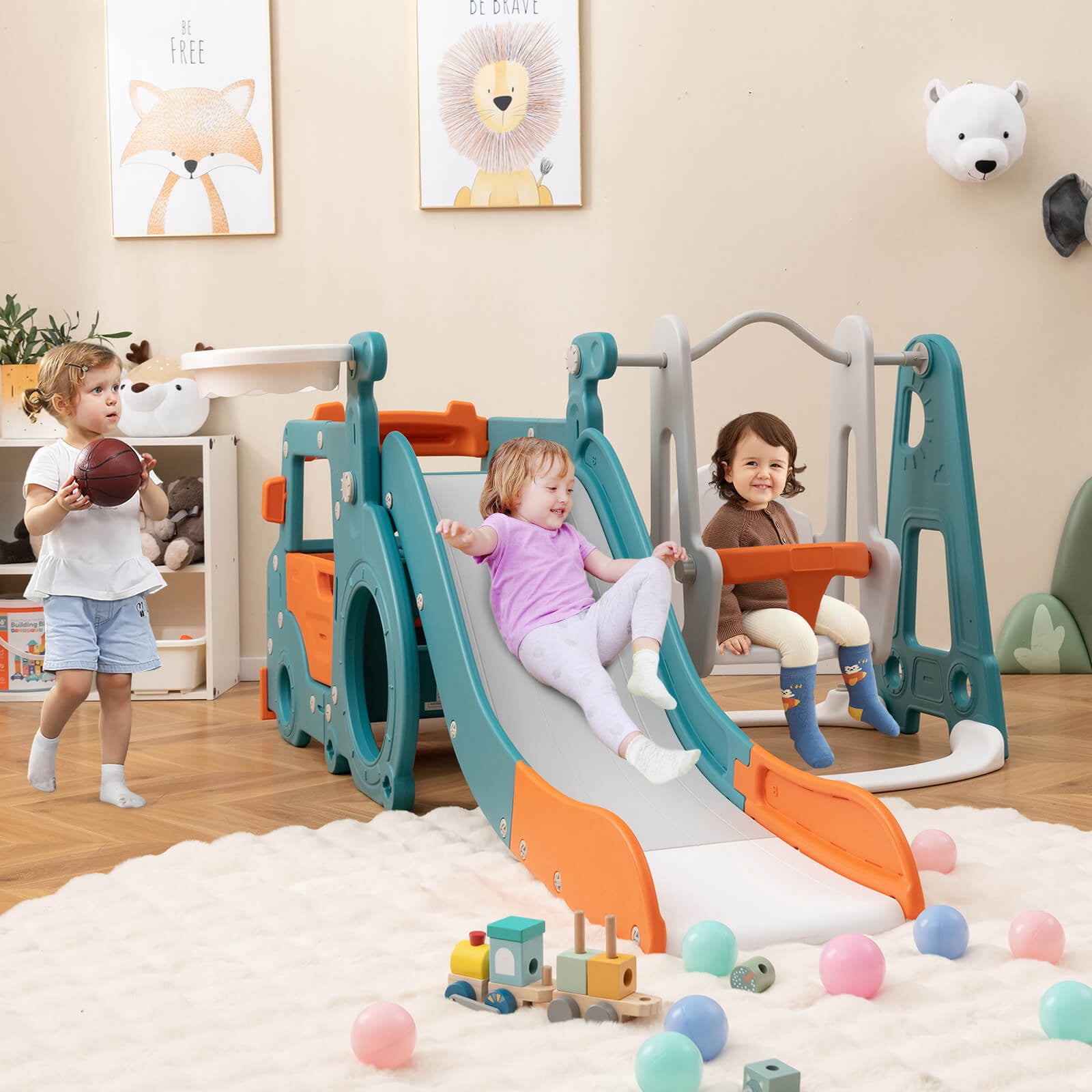 Infans 5-in-1 Toddler Slide Set w/ Basketball Hoop and Swing Baby Slide Playset Indoor
