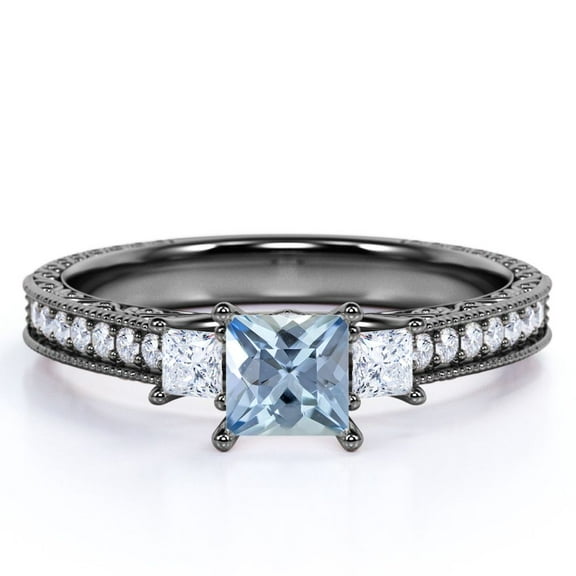 JeenMata 1 carat Princess Cut Dark Blue Created Aquamarine 3 Stone Simple Engagement Ring in 18k Black Gold over Silver