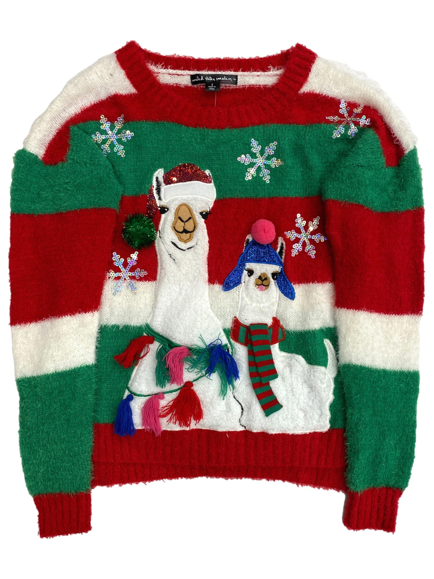 Womens Fuzzy Red Stripe Sequin Pom 