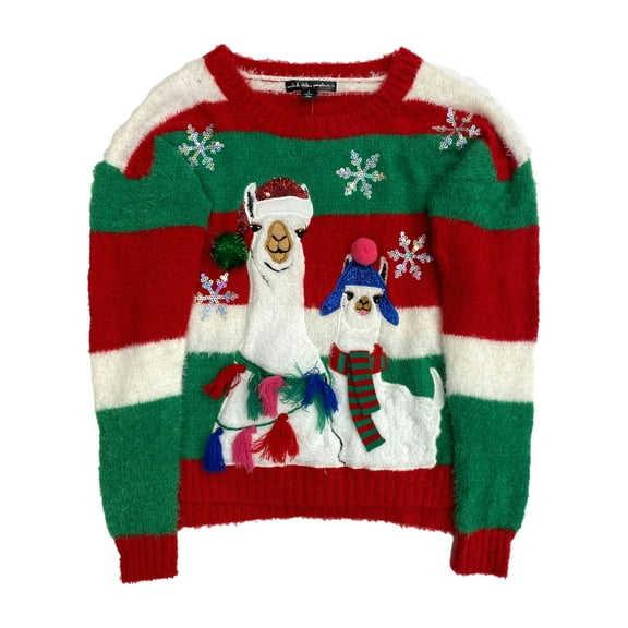 Womens Fuzzy Red Stripe Sequin Pom Llama Christmas Holiday Sweater Small