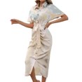 thumbnail image 2 of Neinkie Robe Chemise à Revers à Manches Courtes Taille Haute avec Patte de Boutonnage, Couleur Dégradée, Taille à Lacets, Robe Midi Drapée, Vêtements pour Femme, 2 of 7