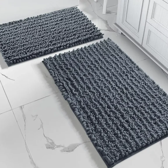 2 Piece Set Dark Grey Soft Cozy Plush Chenille Bath Mat Bathroom Rug