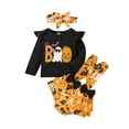 thumbnail image 1 of Seyurigaoka 3 Pcs Baby Girls Halloween Suit Set Cartoon Patterns Shirts Round Neck Long Sleeve Tops Suspender Shorts Headband for 0-18M Toddler Kids, 1 of 9