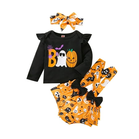 

AmShibel 3PCS Toddle Baby Girls Halloween Outfit Sets Long Sleeve Tops+ Pumpkin Print Suspender Shorts+ Headband