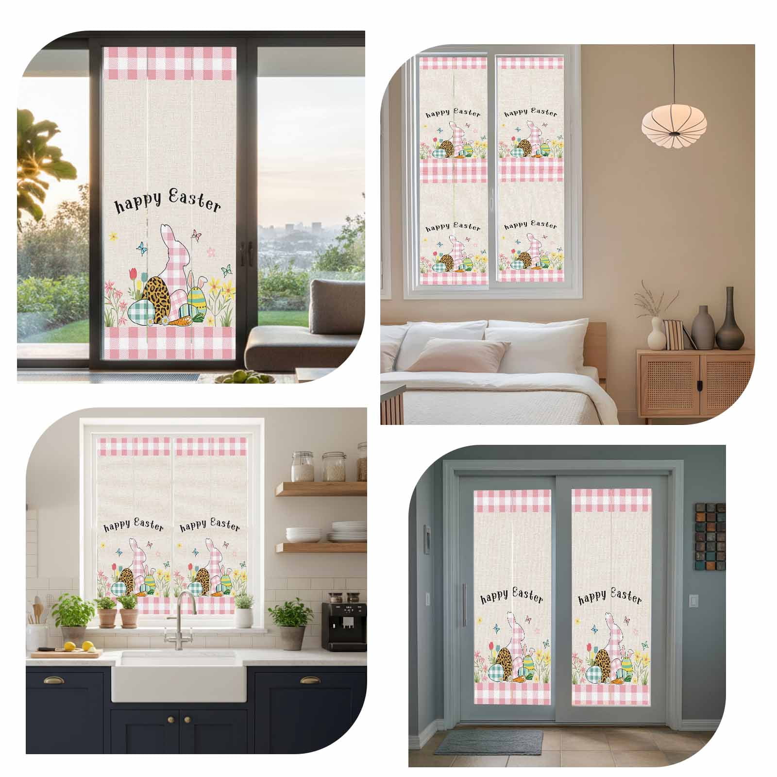 Easter Eggs Window Privacy Film, Rabbits Pink Buffalo Plaid Retro Texture Frosted Glass Window Clings Static Cling UV Heat Blocking Reusable Door Sticker for Bathroom 23.6 x 59 Inch