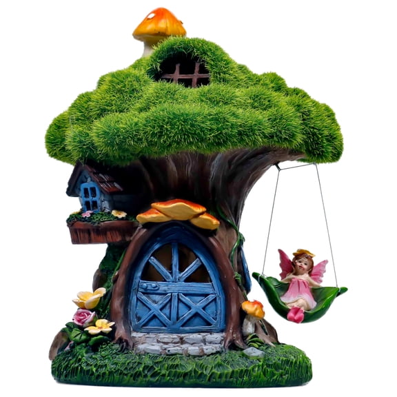 TERESA'S COLLECTIONS 8" Resin Fairy House Statue with Solar Light, Outdoor Garden Decor, Gift for Mom