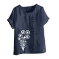 thumbnail image 4 of Olyvenn Cotton Linen&nbsp;Flower&nbsp;Shirts for Women Plus Size Summer Beach Short Sleeve Casual Loose Comfy Blouses Tunic Tops Navy L, 4 of 4