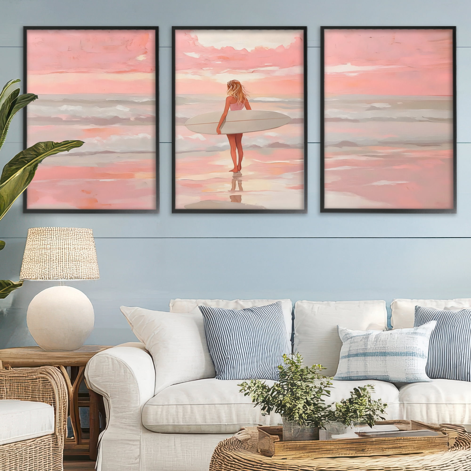 Stupell Industries Pink Sky Surfer Sunrise 3 Piece Black Framed Giclee Art Set, design by LSR Design Studio
