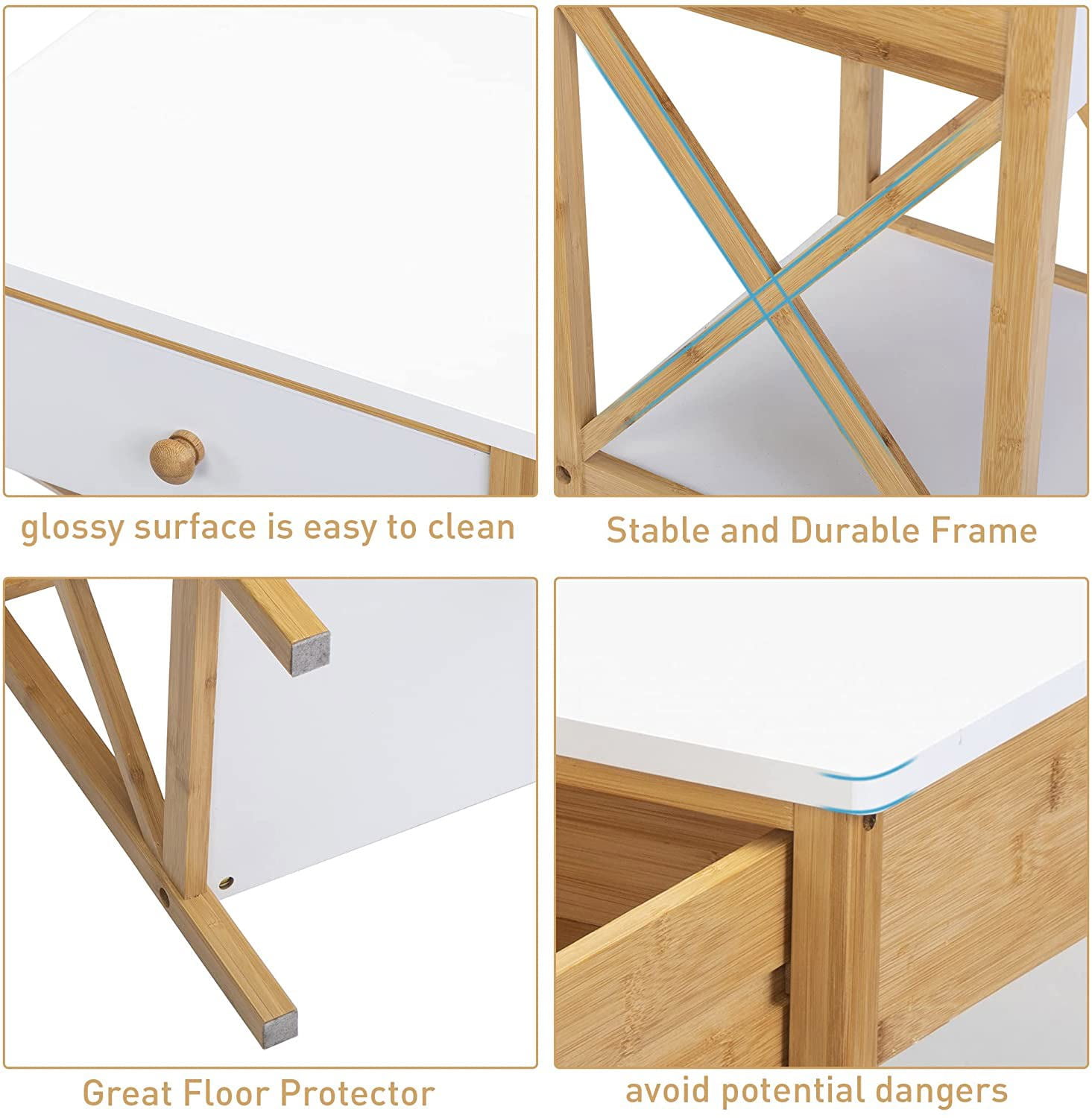 Private Jungle Single Modern Bamboo Nightstand,2-Tier Bed Sofa Side Table with Drawer and X-Side Shelf,White + Natural